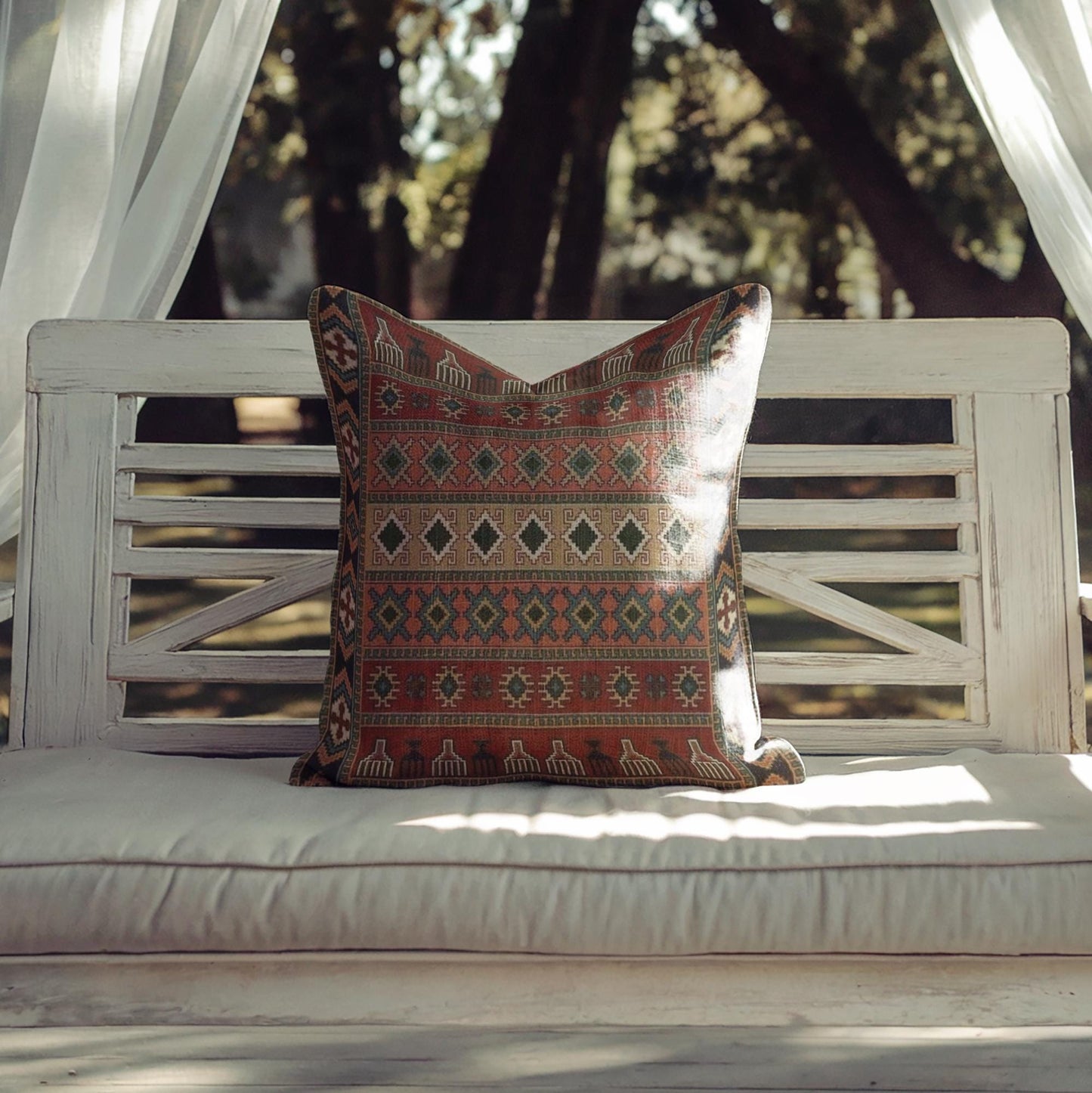 Anatolian Inspired pillow cover with rug-style pattern styled on a sofa or bed