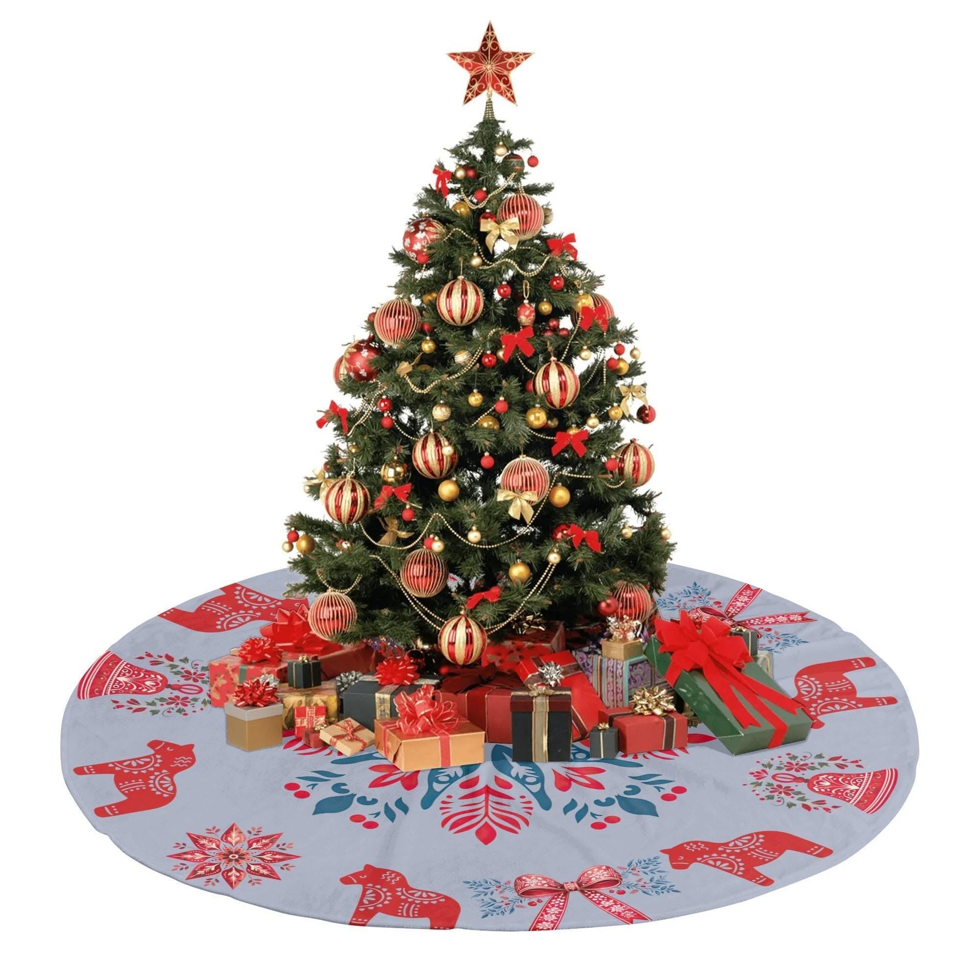 Scandi Christmas Tree Skirt – Nordic Holiday Decor With Dala Horse & Coquette Bow