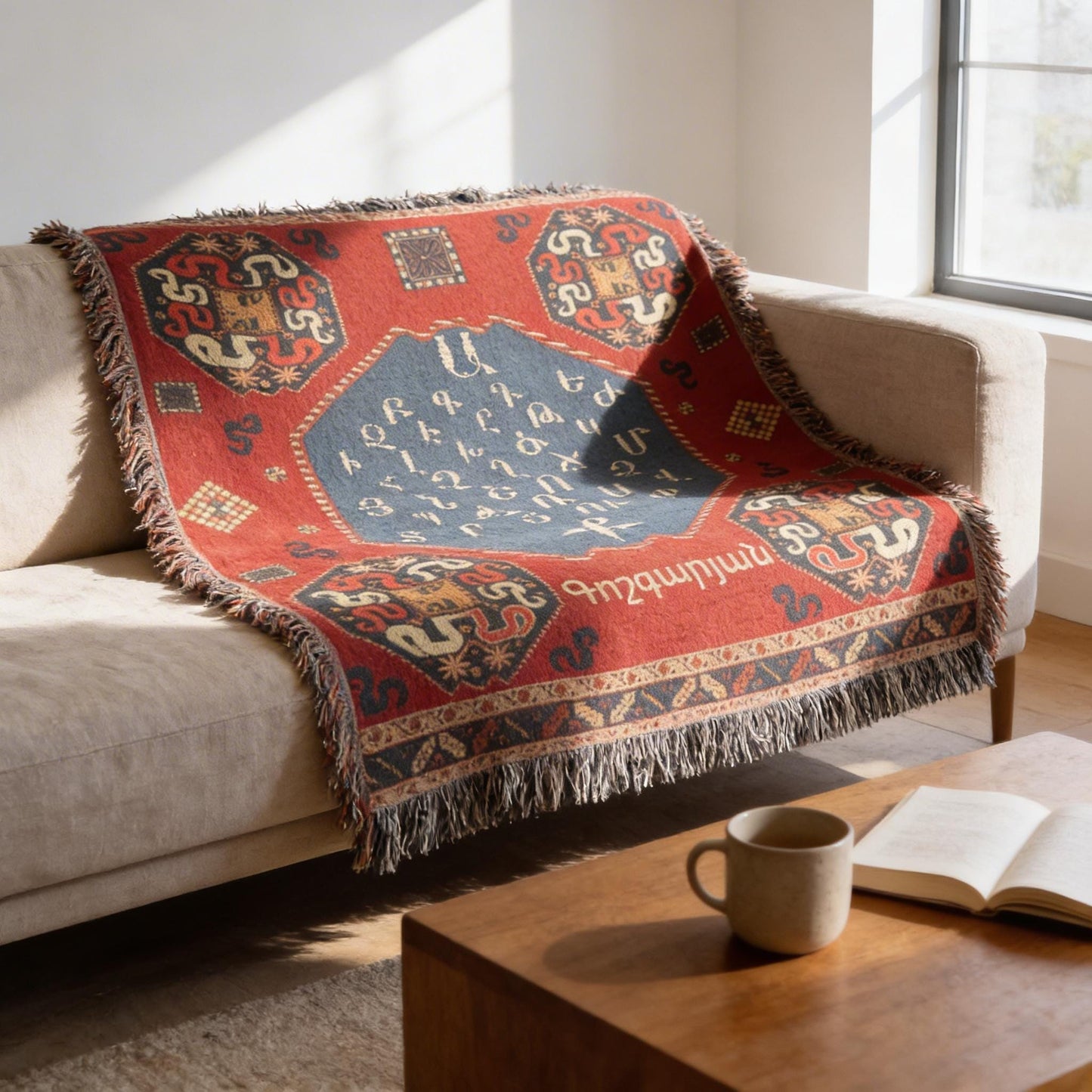 Modern Geometric woven blanket with geometric pattern styled for layered home decor
