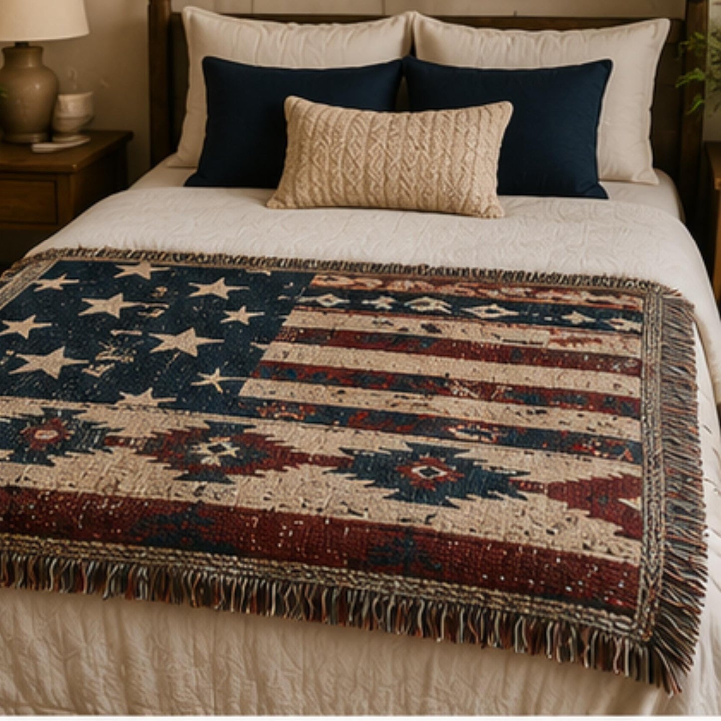 Southwestern outdoor woven throw blanket with geometric pattern for patio styling