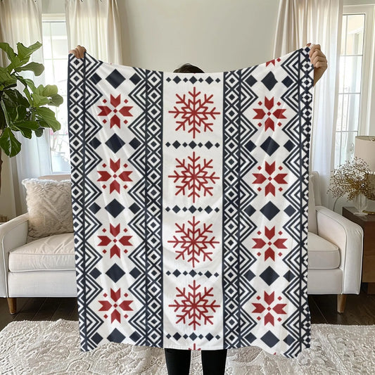 Scandinavian Fleece Throw - Red Black Snowflake Plush Velveteen Blanket Cozy Winter