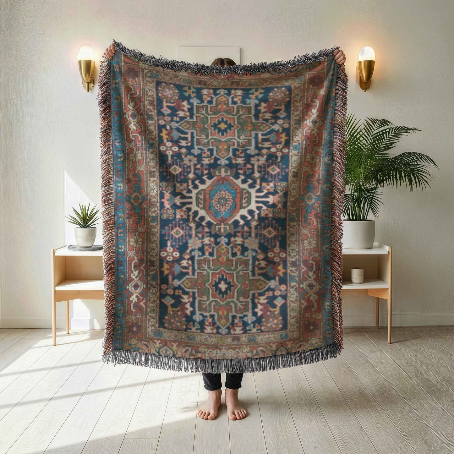Anatolian Inspired woven blanket with rug-style pattern styled for layered home decor