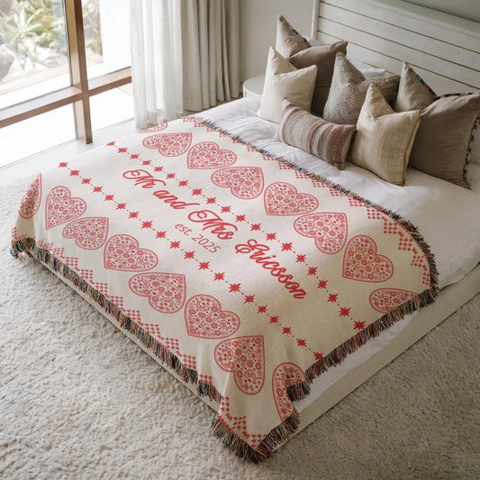 Scandi Heart Blanket – Woven Cotton Throw with Red Hearts | Cozy Nordic Gift