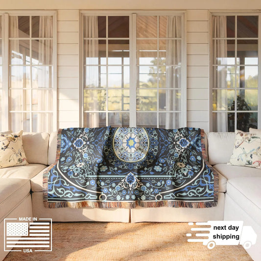 Turkish Rug Throw Blanket - Cotton Boho Home Decor With Colorful Fringed Edges