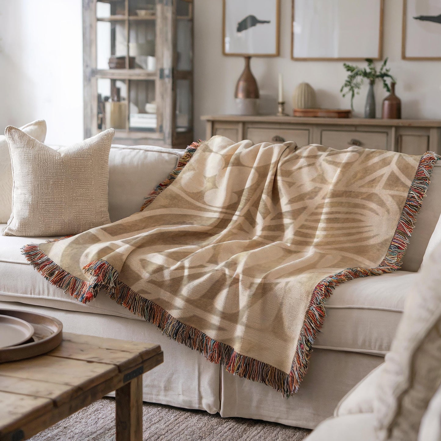Modern Geometric woven blanket with geometric pattern styled for layered home decor