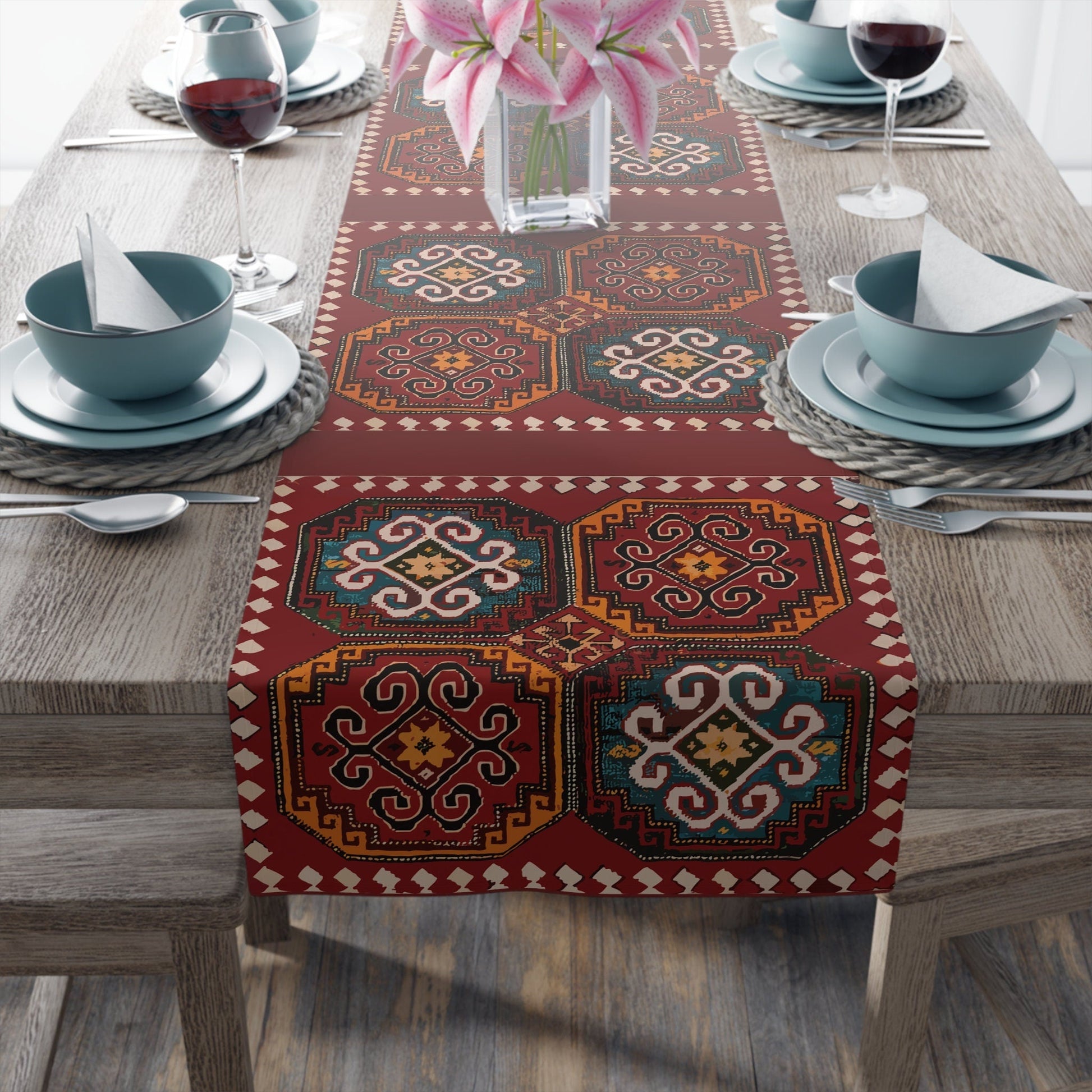 Anatolian Kilim Table Runner – Turkish Pattern Decor | Boho Home Table Accent