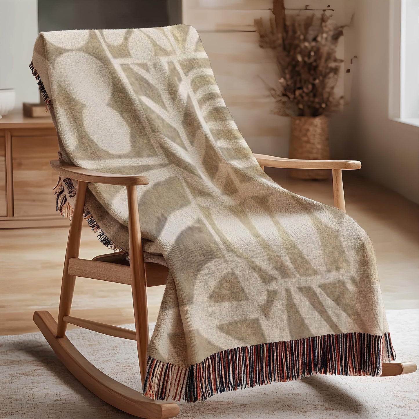 Modern Geometric woven wall tapestry with geometric pattern styled as textile wall decor