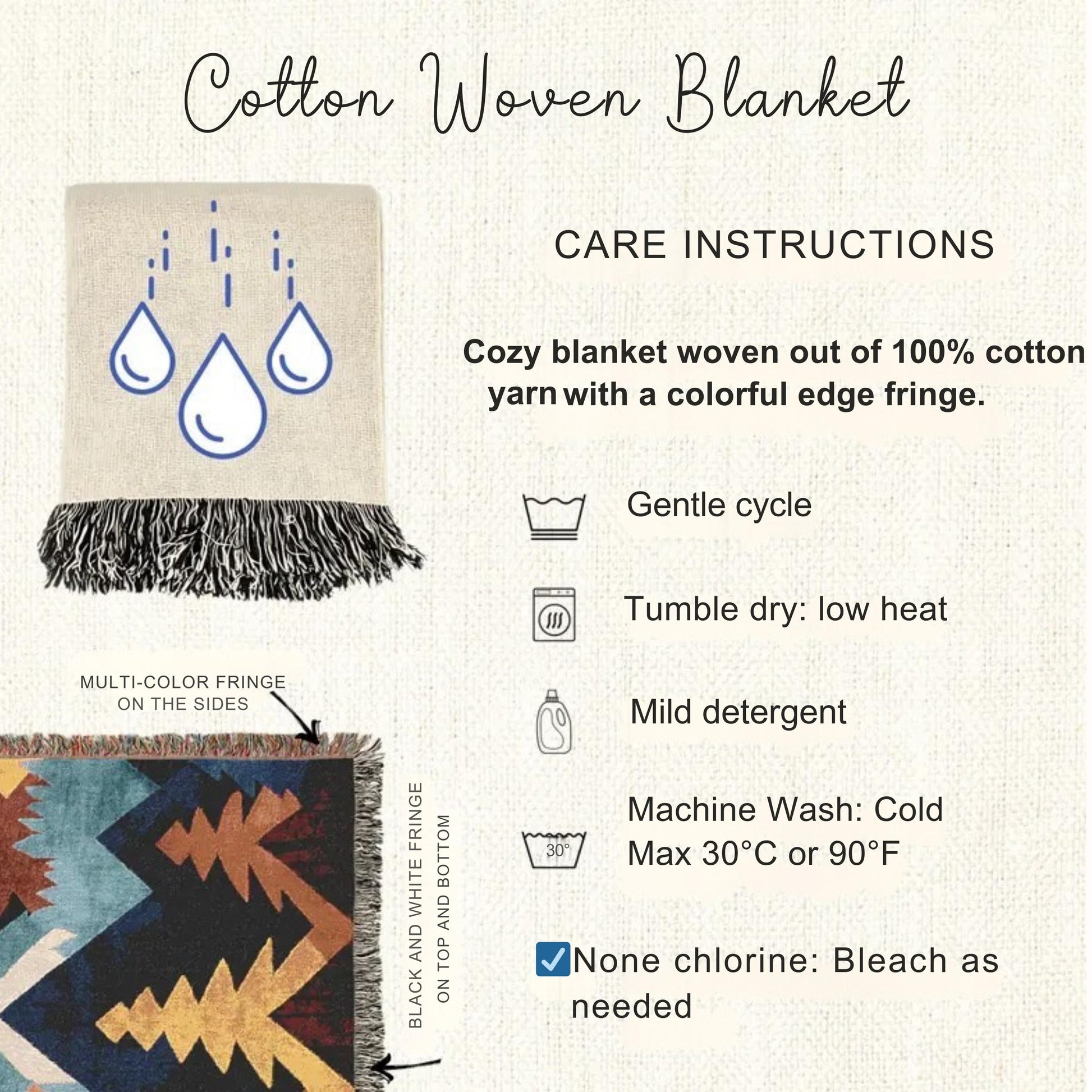 Native American Blanket – Tribal Pattern Cotton Throw With Colorful Fringed Edges