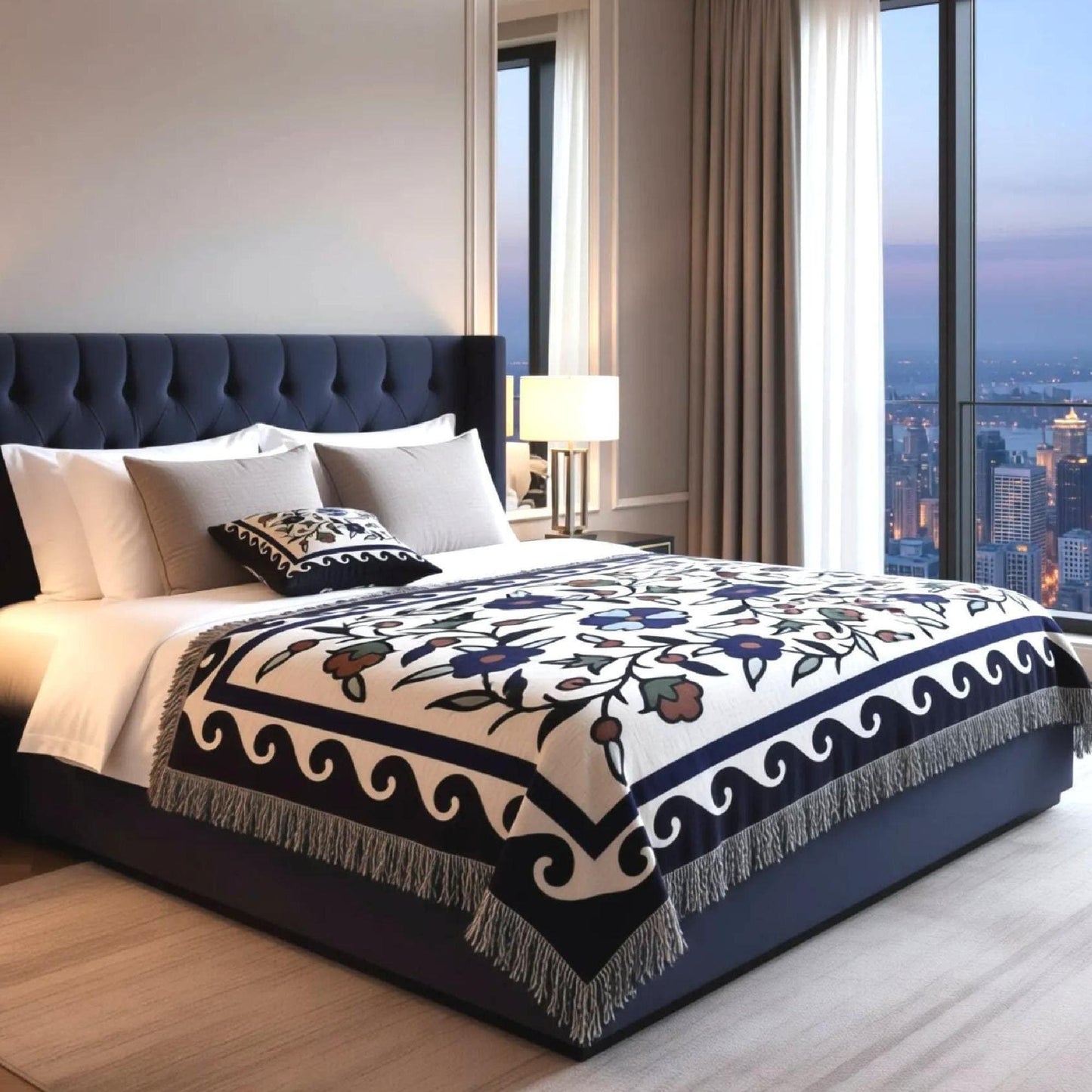 Anatolian Inspired woven blanket with woven pattern styled for layered home decor