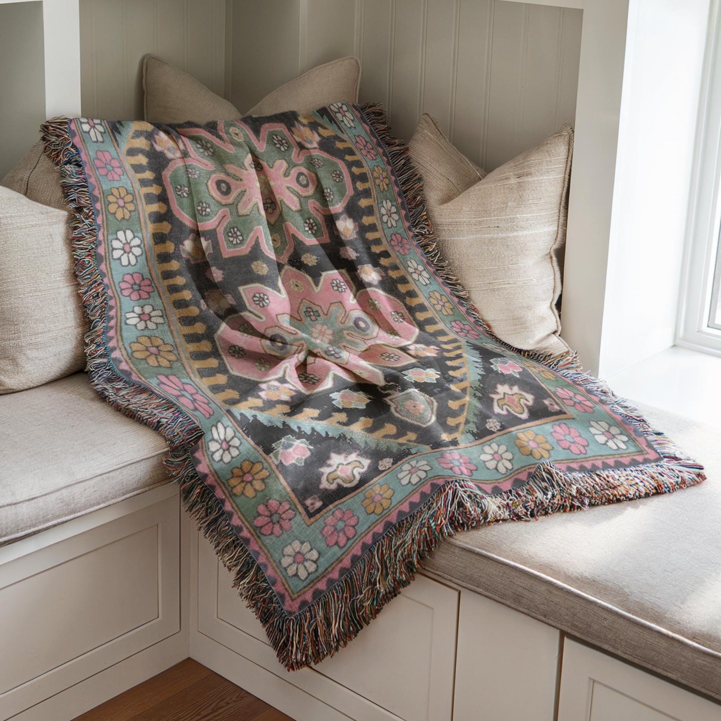 Caucasian Rug Inspired woven blanket with geometric pattern styled for layered home decor