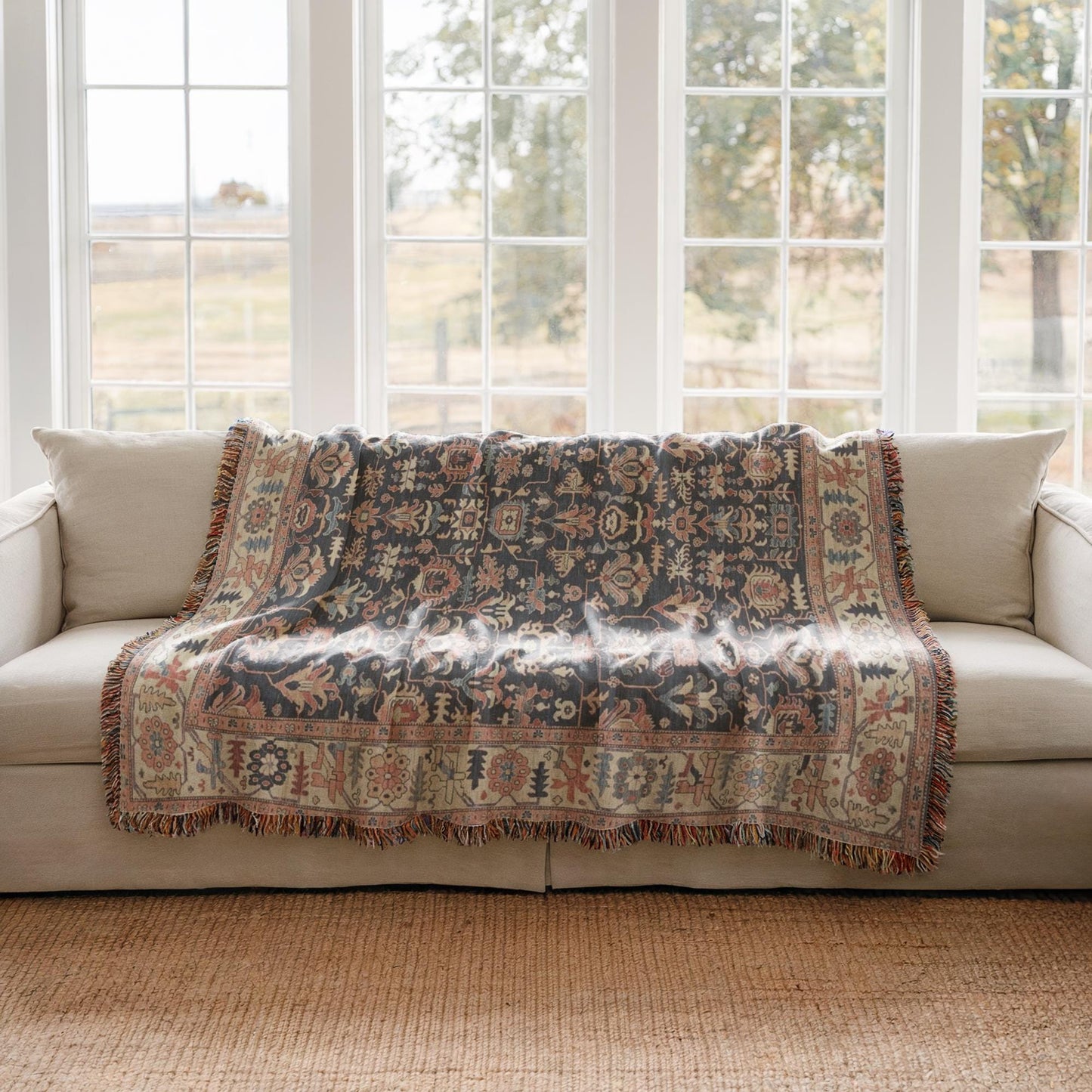 Anatolian Inspired woven blanket with geometric pattern styled for layered home decor