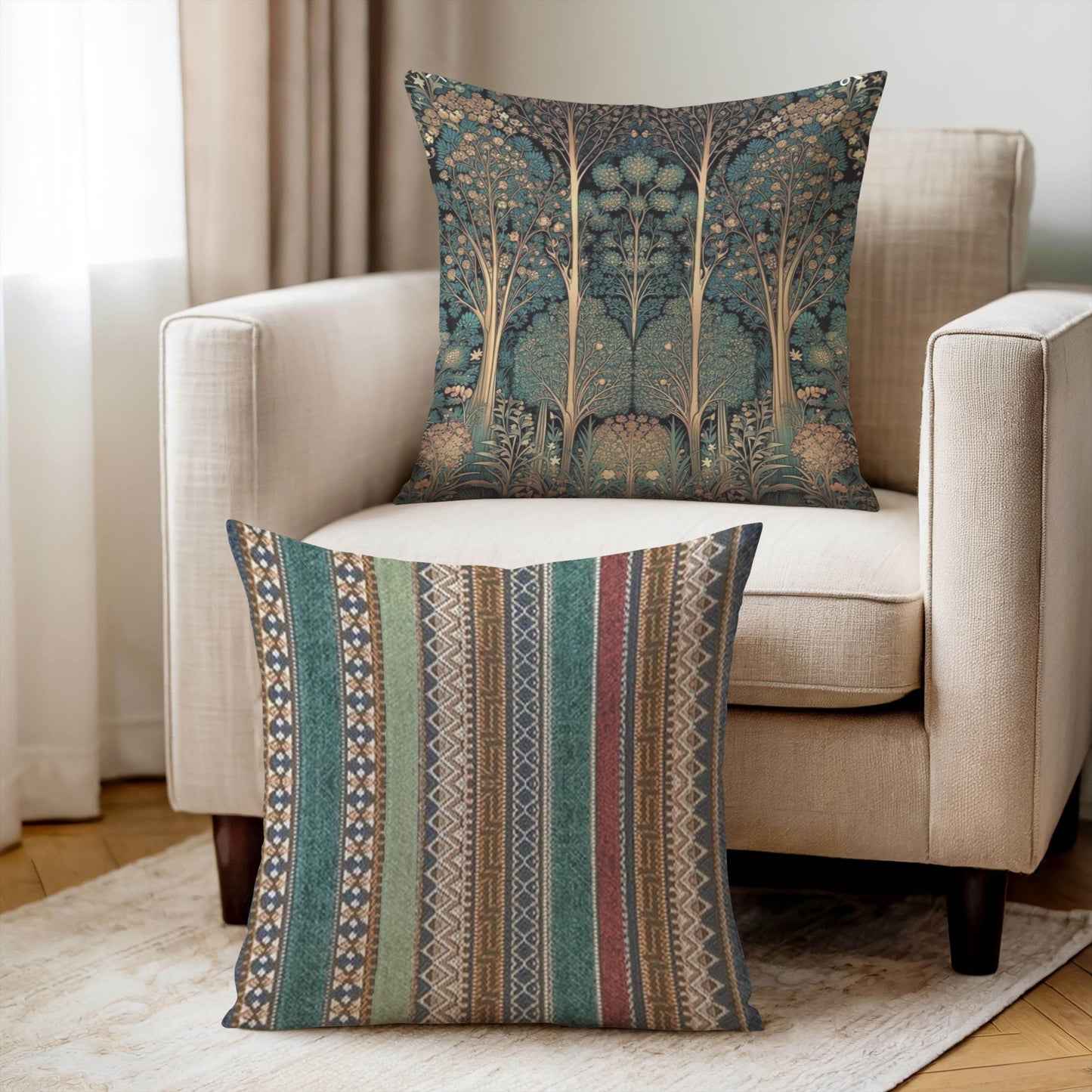 Art Deco Pillow – Woven Cotton Cushion with Insert | Elegant Forestcore Design - timelessbohochic.com