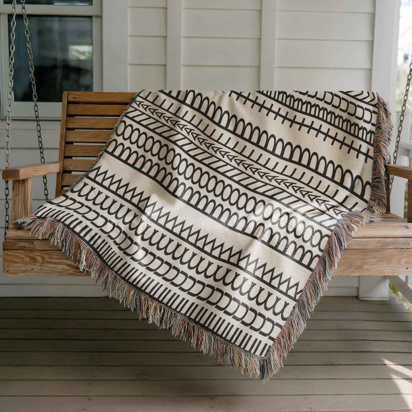 Modern Geometric woven blanket with geometric pattern styled for layered home decor