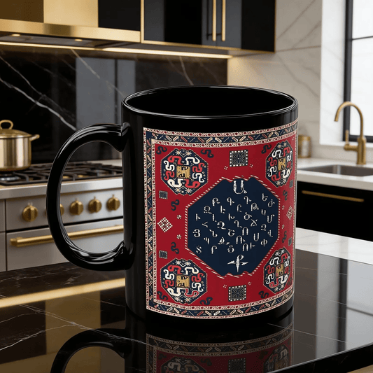 Black Armenian alphabet mug with a red and blue pattern panel on a kitchen counter