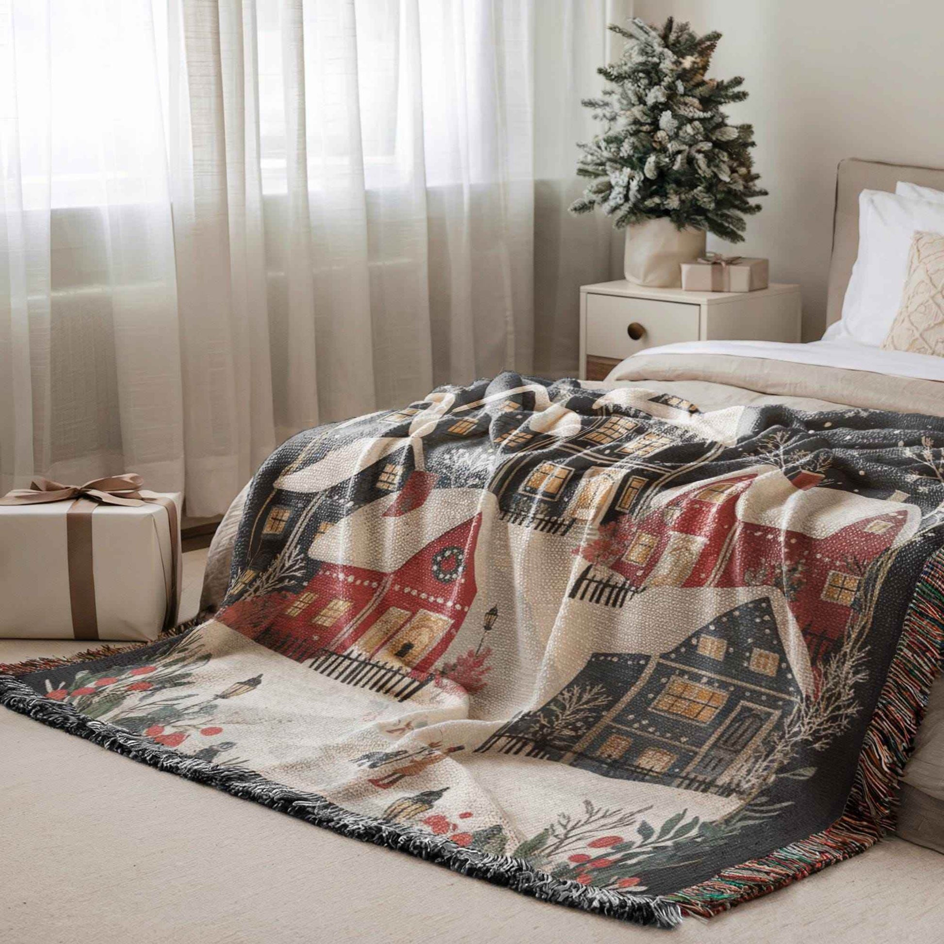 Holiday Cotton Throw - Woven Christmas Village Blanket | Cozy Seasonal Bedroom Accent - timelessbohochic.com
