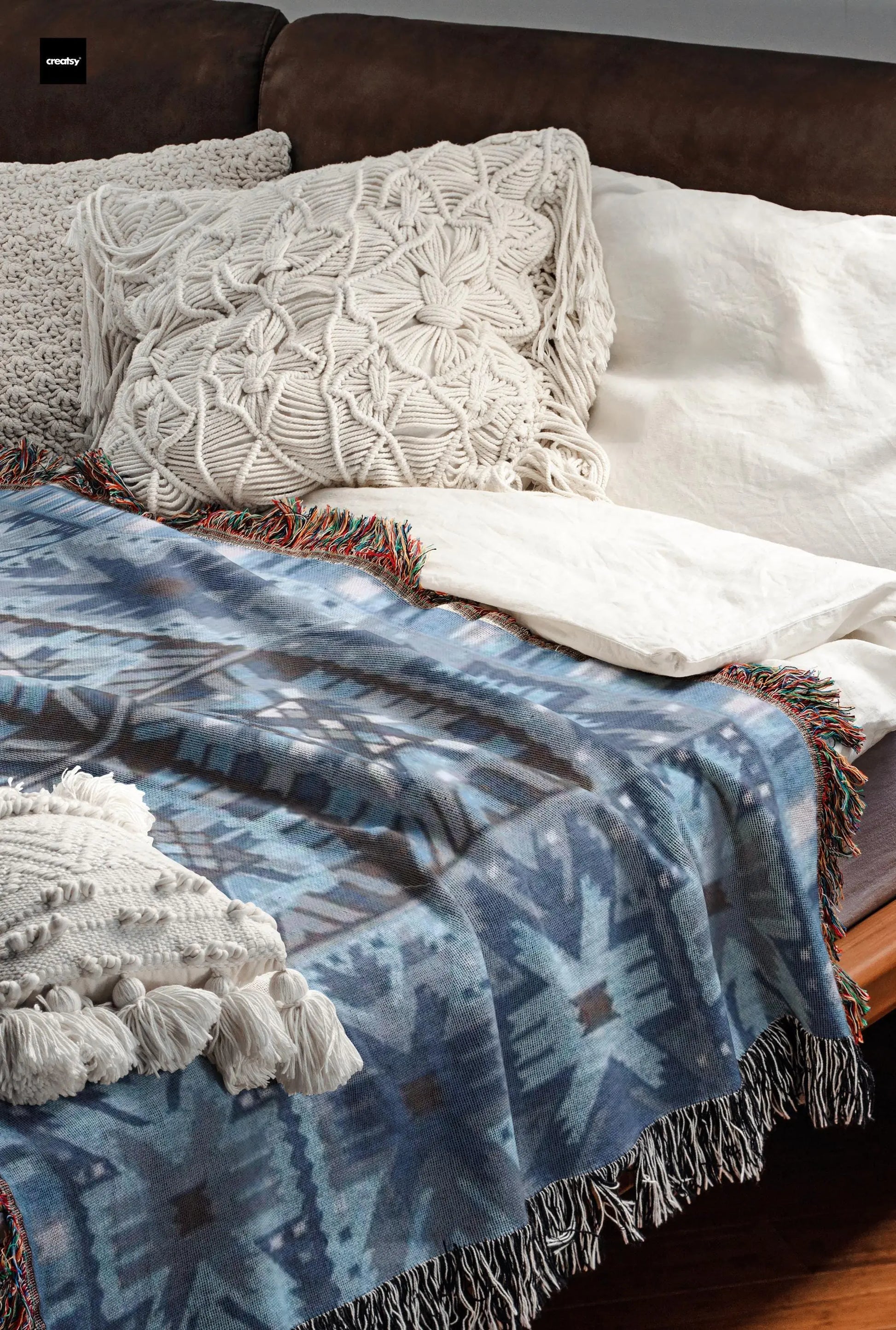 Scandi Woven Blanket – Cozy Bed Throw With Fringed Edge, Nordic Bedding Decor