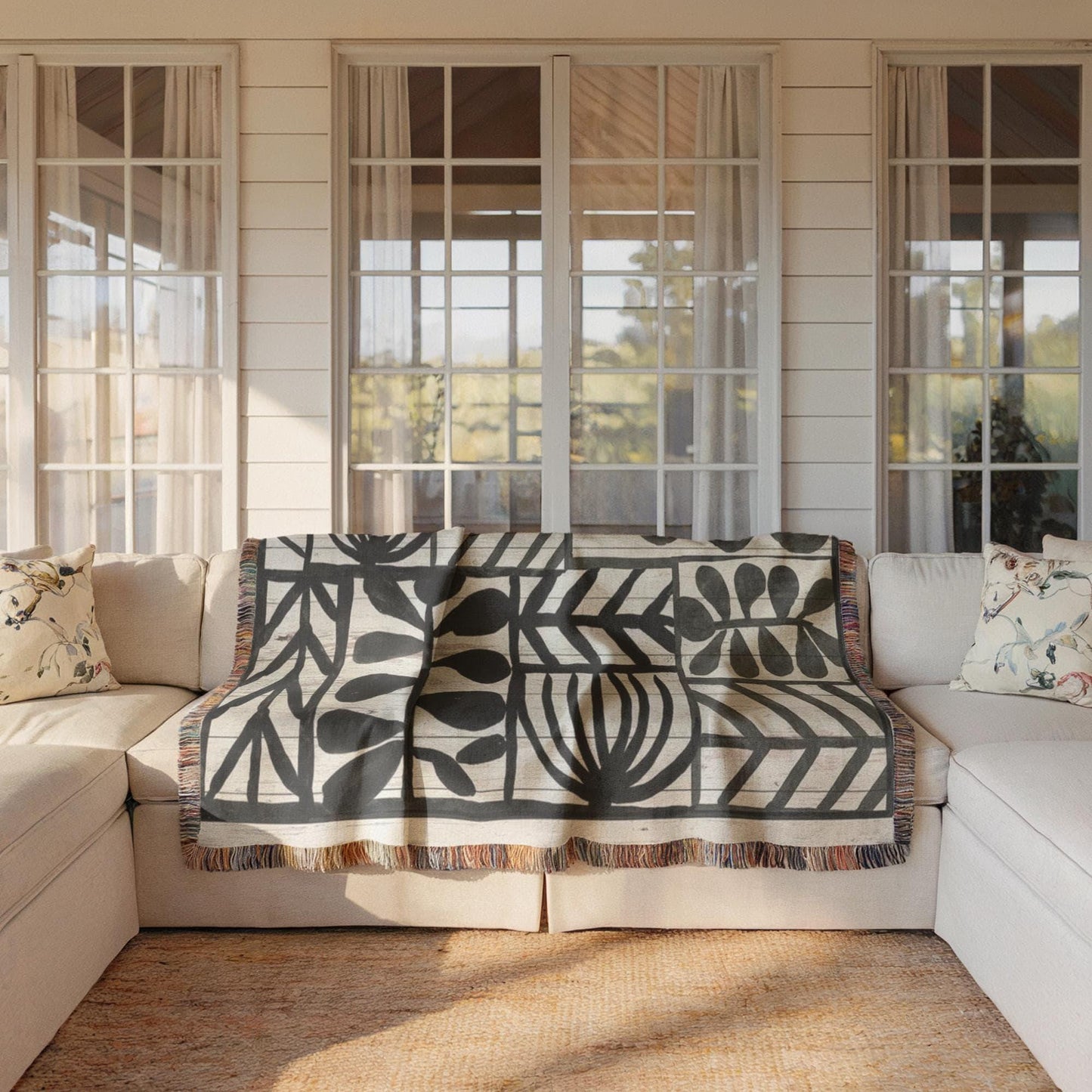 Modern Geometric woven wall tapestry with geometric pattern styled as textile wall decor