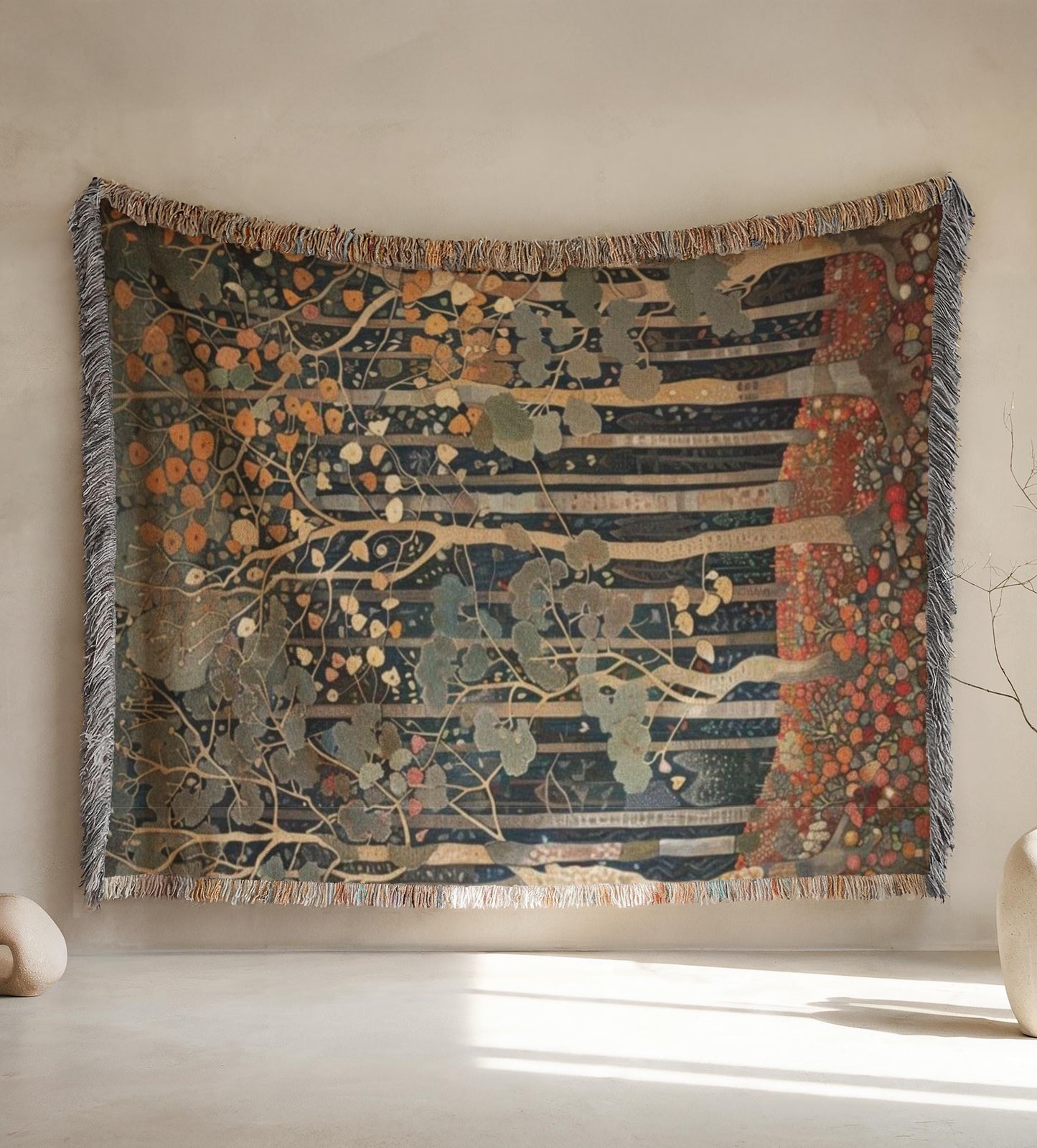 Scandinavian Inspired woven wall tapestry with rug-style pattern styled as textile wall decor