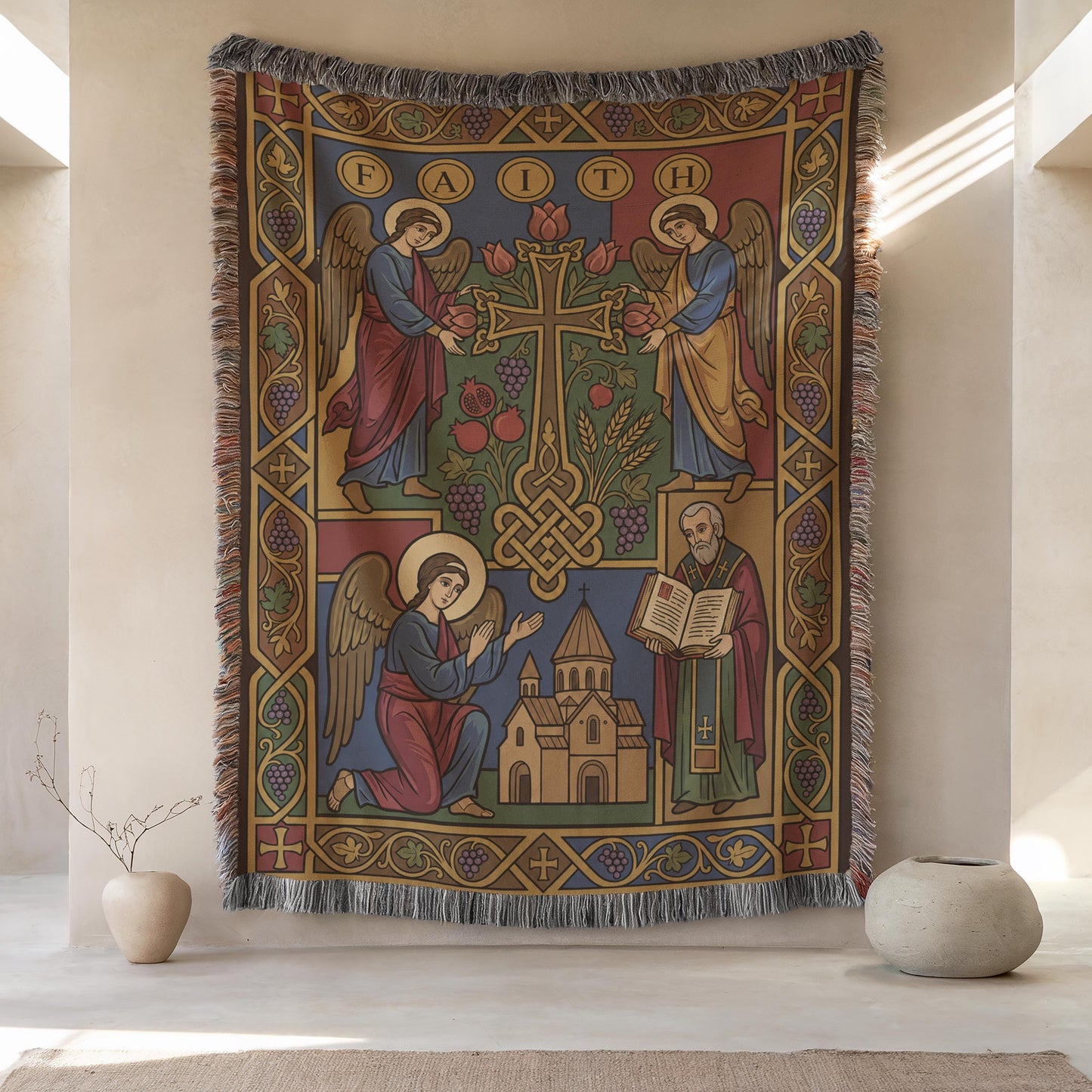 Armenian Christian wall tapestry displayed in a neutral alcove, close frontal view showing priest, church and intricate gold borders.