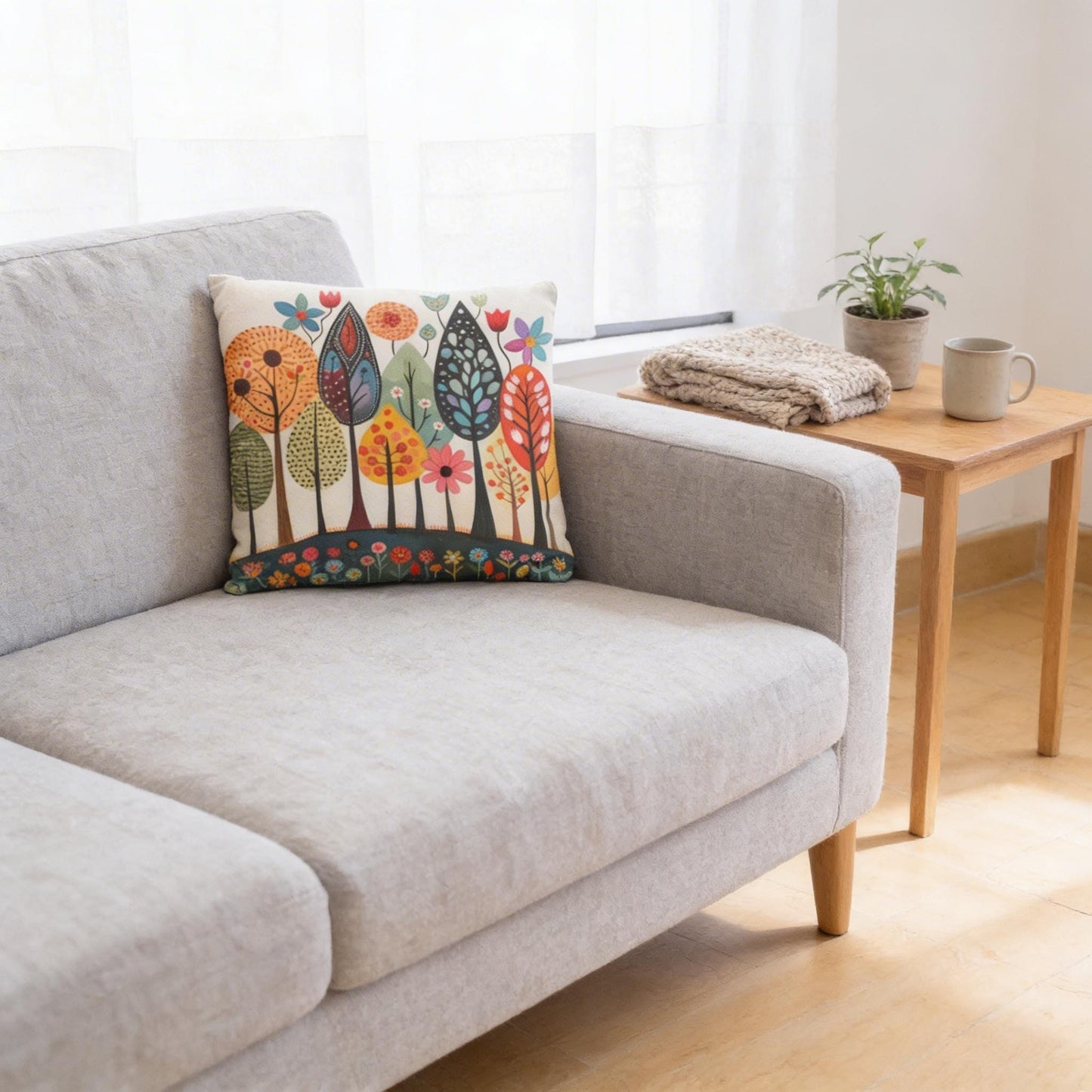 Scandinavian Inspired pillow cover with woven pattern styled on a sofa or bed