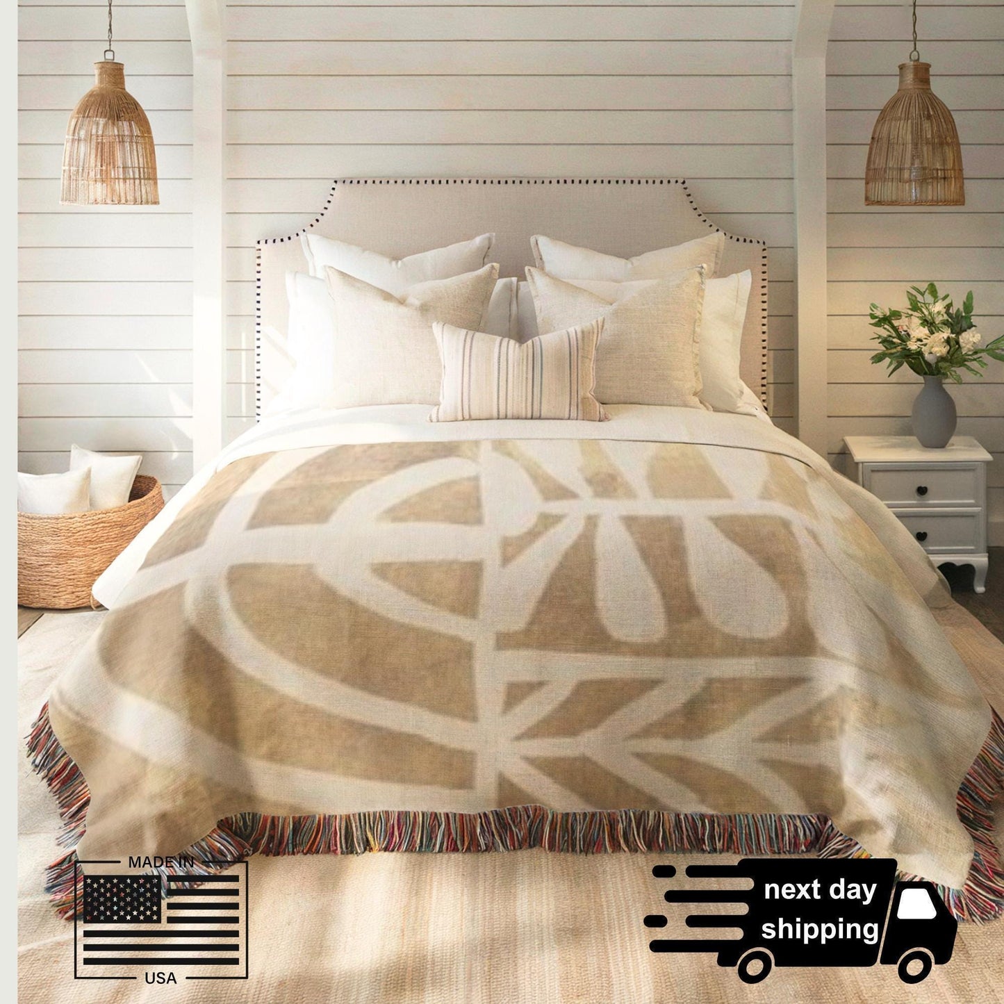 Modern Geometric woven blanket with geometric pattern styled for layered home decor