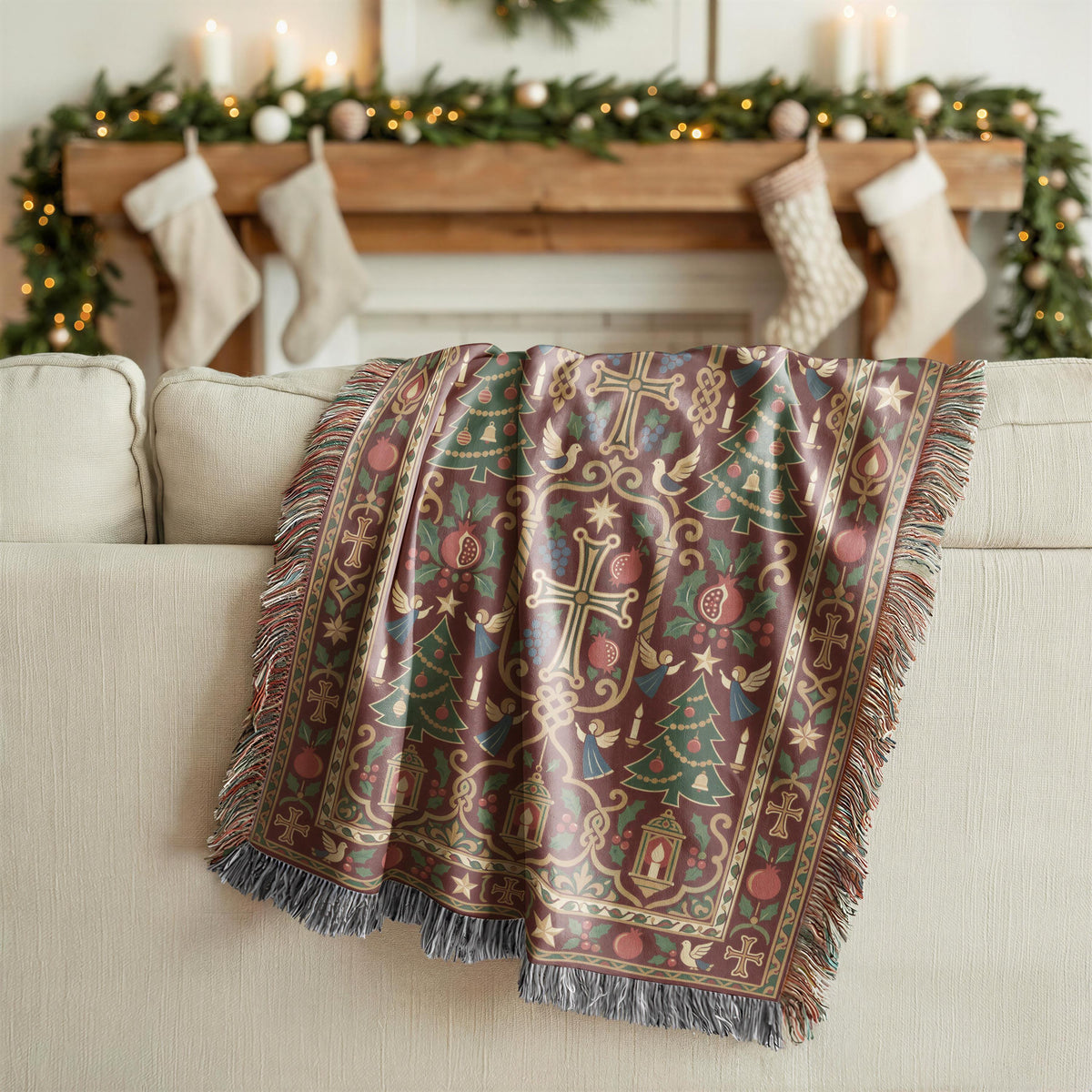 Armenian Christmas tree blanket on a sofa in a living room decorated with garland