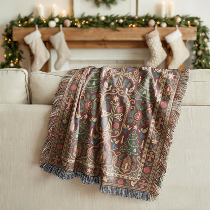 Armenian Christmas tree blanket on a sofa in a living room decorated with garland