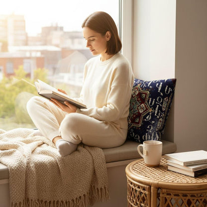 A woman is sitting on a window sill, reading a book and enjoying a cup of coffee.