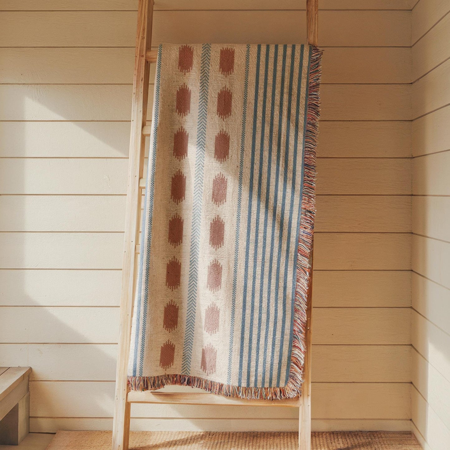 Modern Geometric outdoor woven throw blanket with geometric pattern for patio styling