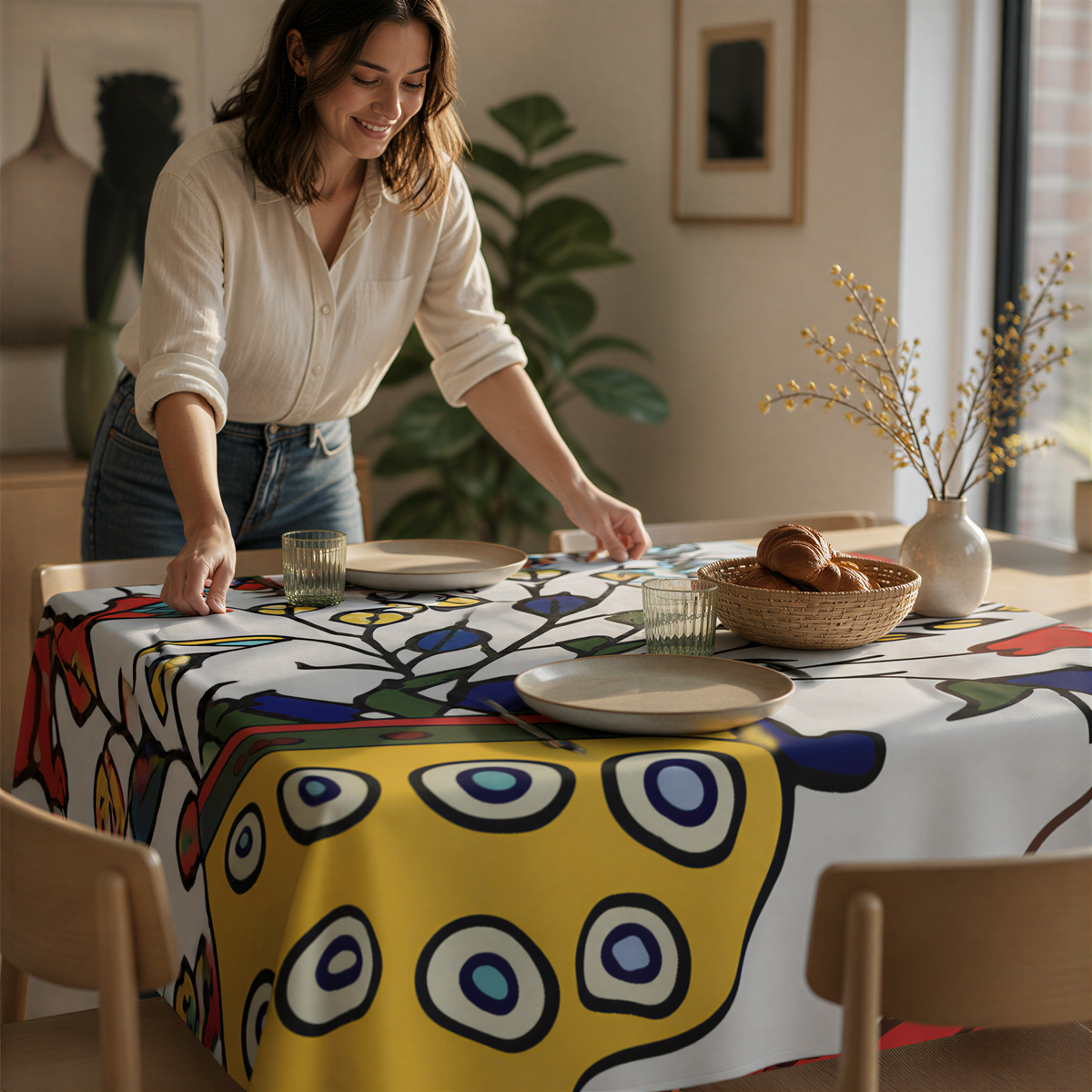 Yellow peacock Armenian square tablecloth on a round table, a woman setting a bowl and dried flowers
