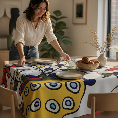 Yellow peacock Armenian square tablecloth on a round table, a woman setting a bowl and dried flowers