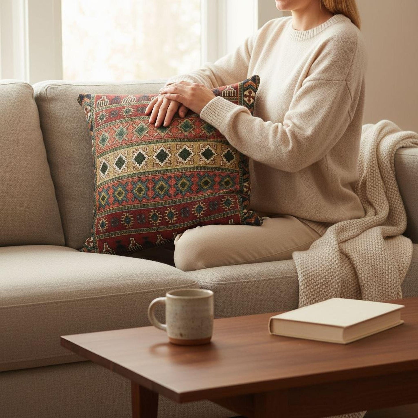 Anatolian Inspired pillow cover with rug-style pattern styled on a sofa or bed