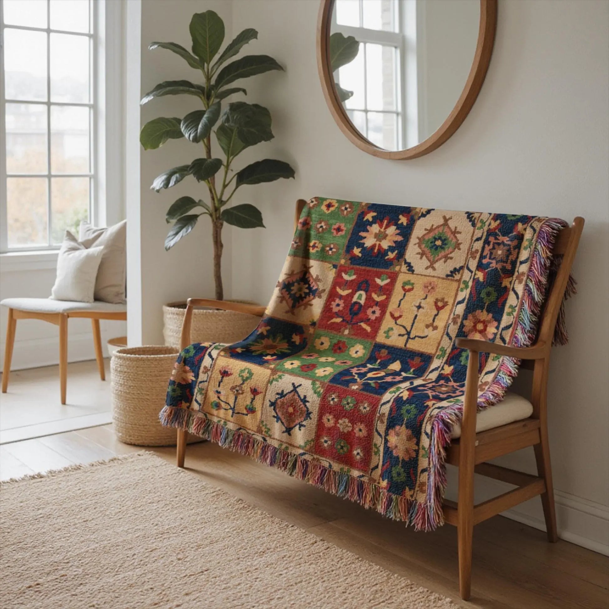 Boho Cotton Throw Blanket - Checkered Floral Sofa Throw, Colorful Fringed Accent