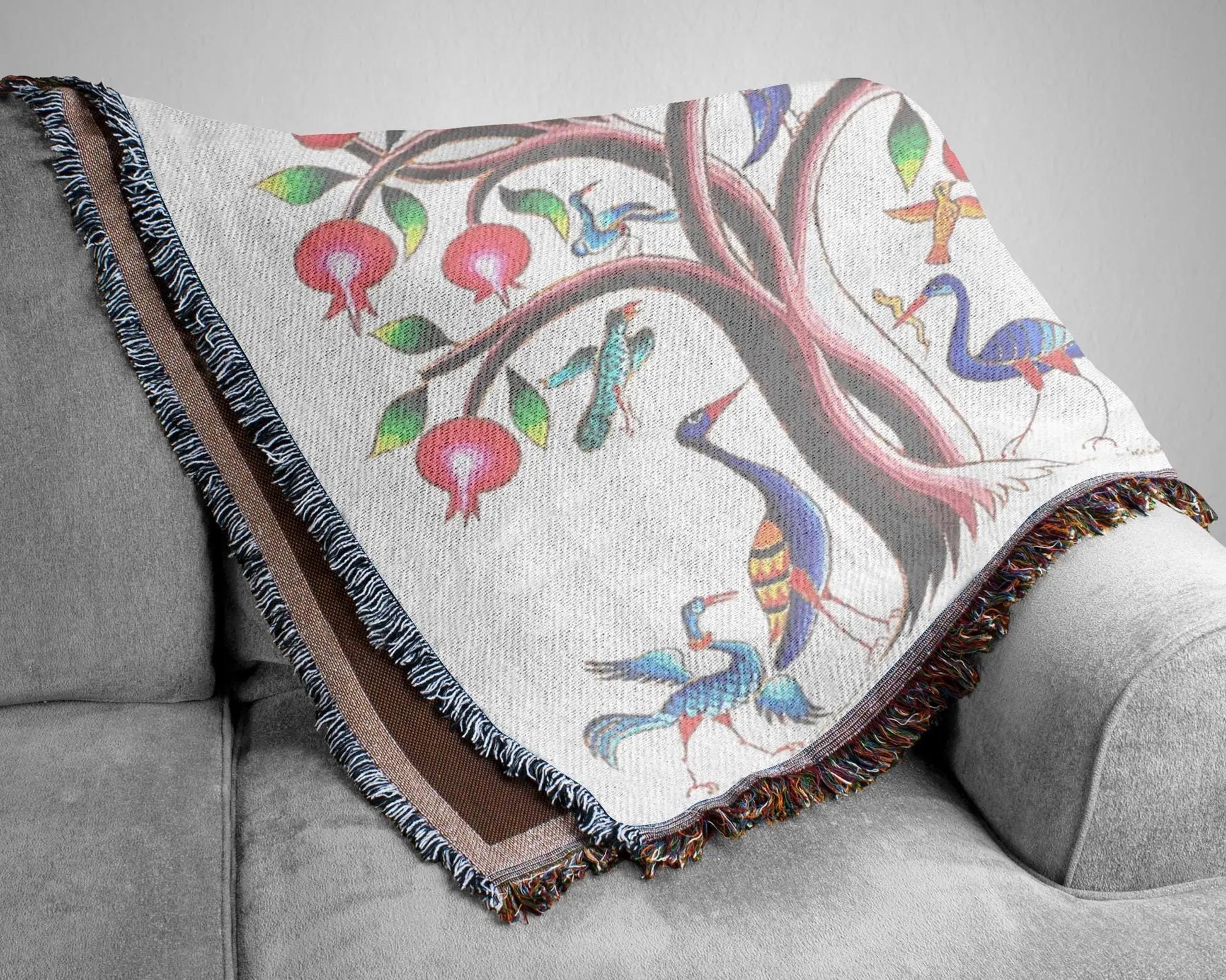 Armenian Tree of Life Blanket - Soft Cotton Woven Throw With Fringe Edge