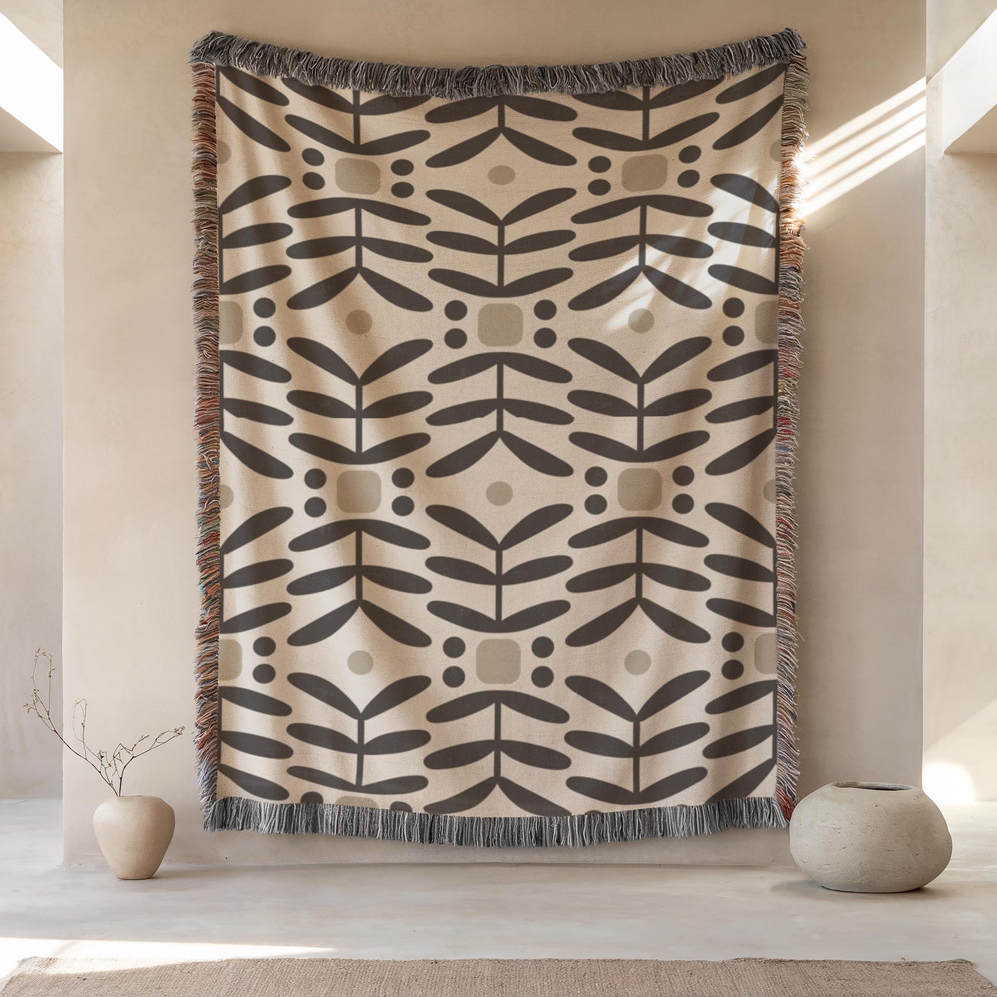 Scandinavian Inspired woven blanket with woven pattern styled for layered home decor