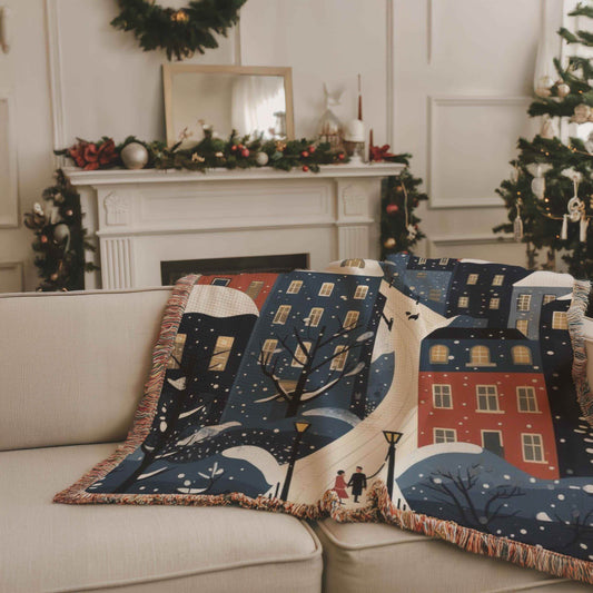 Christmas Village Throw Blanket - Cozy Cotton Holiday Throw With Fringed Edge - timelessbohochic.com