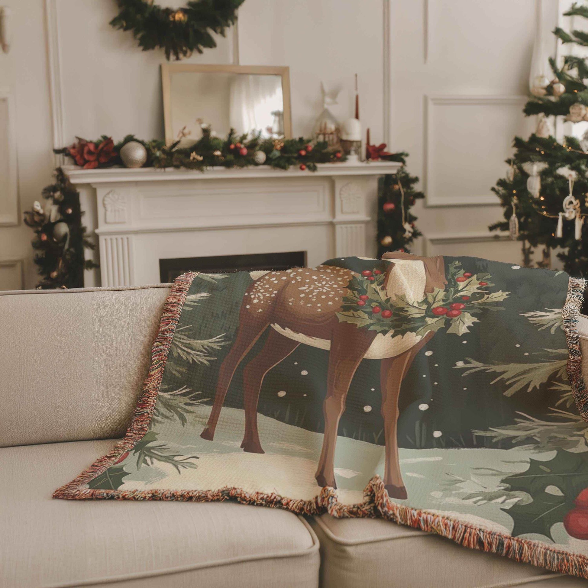Christmas Woven Blanket – Cozy Cotton Throw With Festive Reindeer & Woodland Creatures - timelessbohochic.com