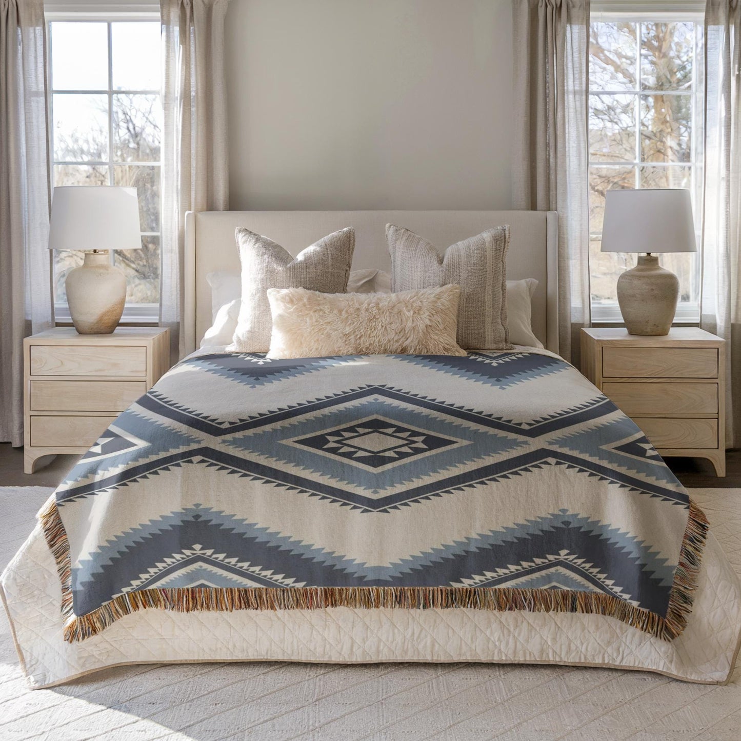 Southwestern woven blanket with geometric pattern styled for layered home decor