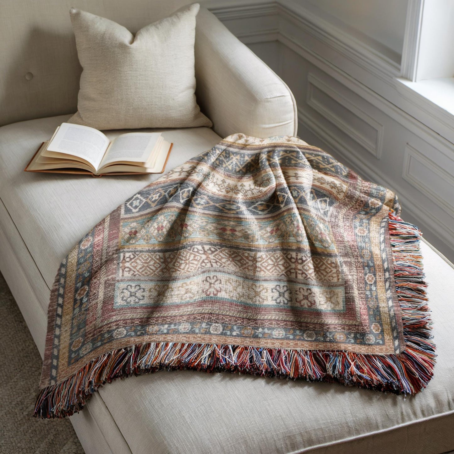 Southwestern woven blanket with geometric pattern styled for layered home decor