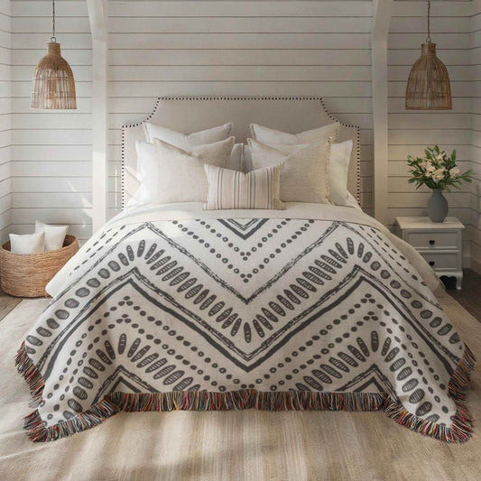 Black White Woven Cotton Blanket - Geometric Ikat Pattern Throw Blanket - timelessbohochic.com