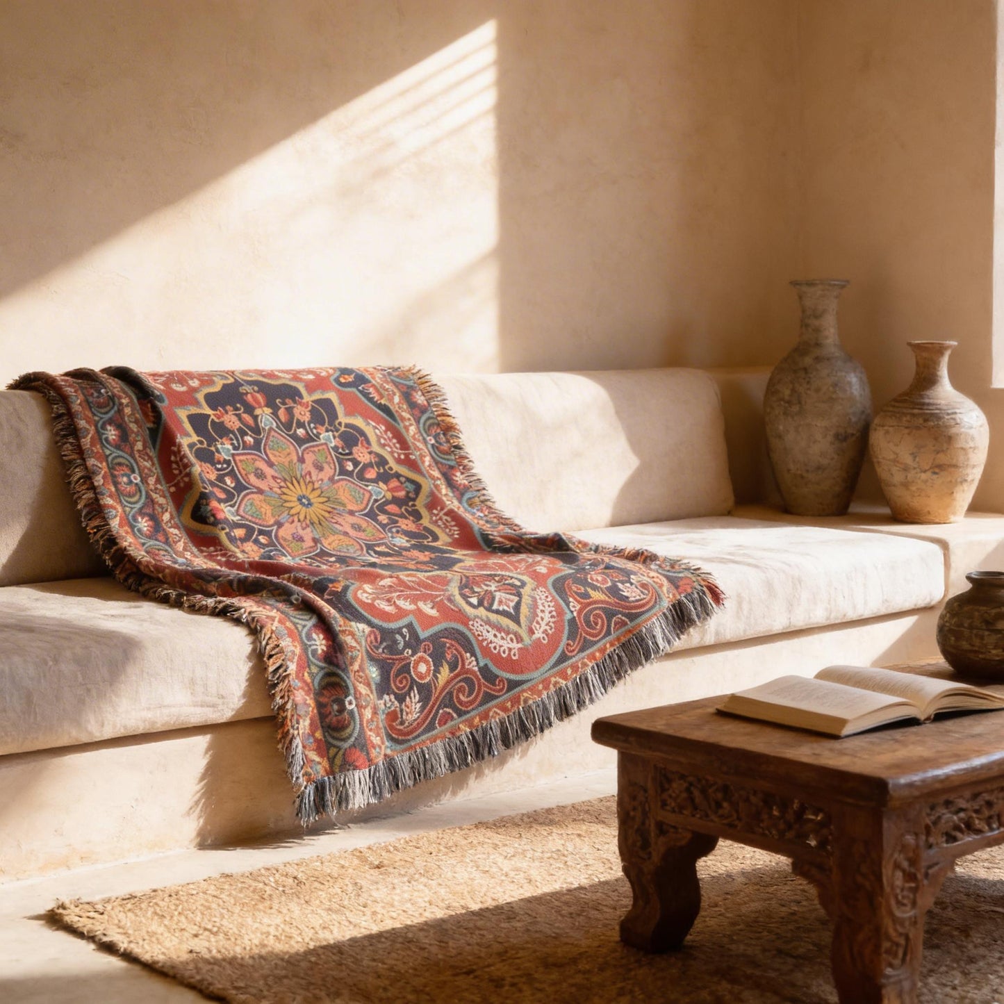 Caucasian Rug Inspired woven blanket with geometric pattern styled for layered home decor
