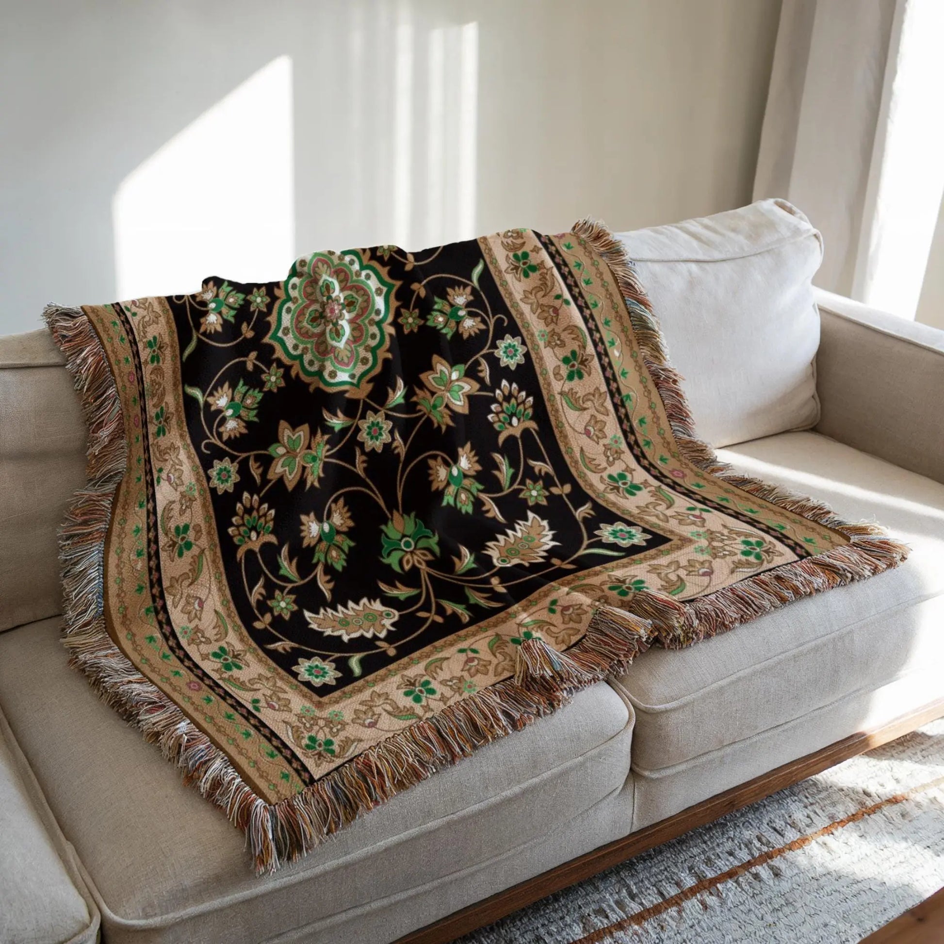 Turkish Rug Throw – Soft Cotton Kilim Blanket With Colorful Fringed Edges