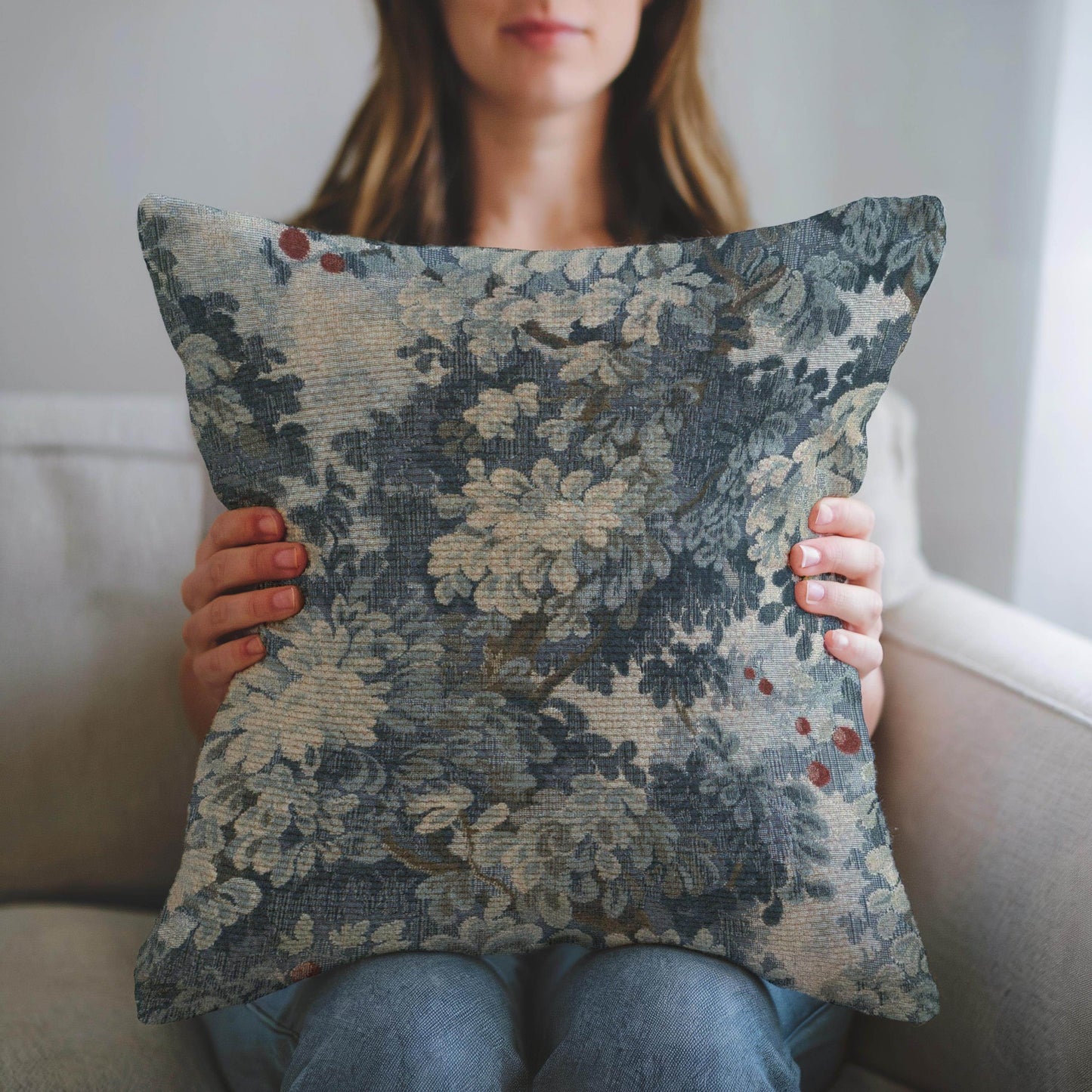 French Tapestry Pillow - Aubusson Style Decorative Cushion 18x18 Inch with Soft Filling - timelessbohochic.com