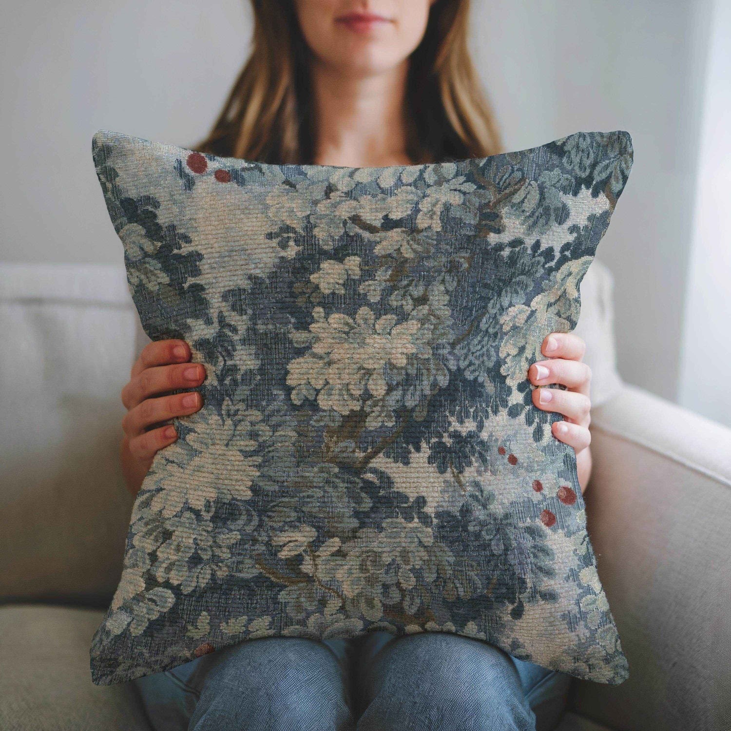 French Tapestry Pillow - Aubusson Style Decorative Cushion 18x18 Inch with Soft Filling