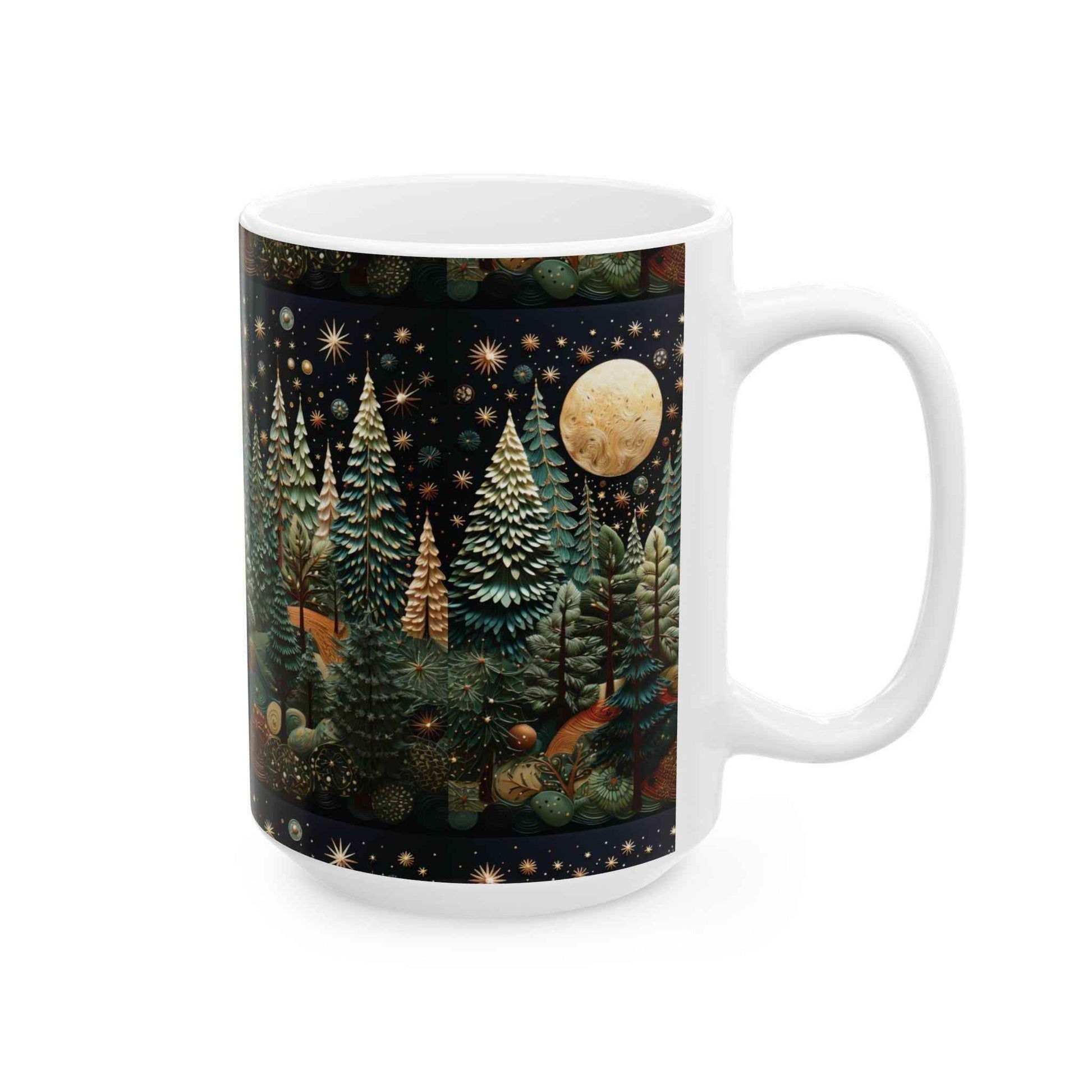 Moon and Trees Coffee Mug - Winter Landscape Ceramic Cup | Cozy Hot Beverage - timelessbohochic.com