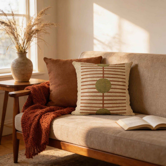 Scandinavian Inspired throw pillow with woven pattern styled on a sofa or bed