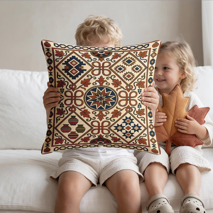 Kilim-style rust and teal geometric woven throw pillow, filling included