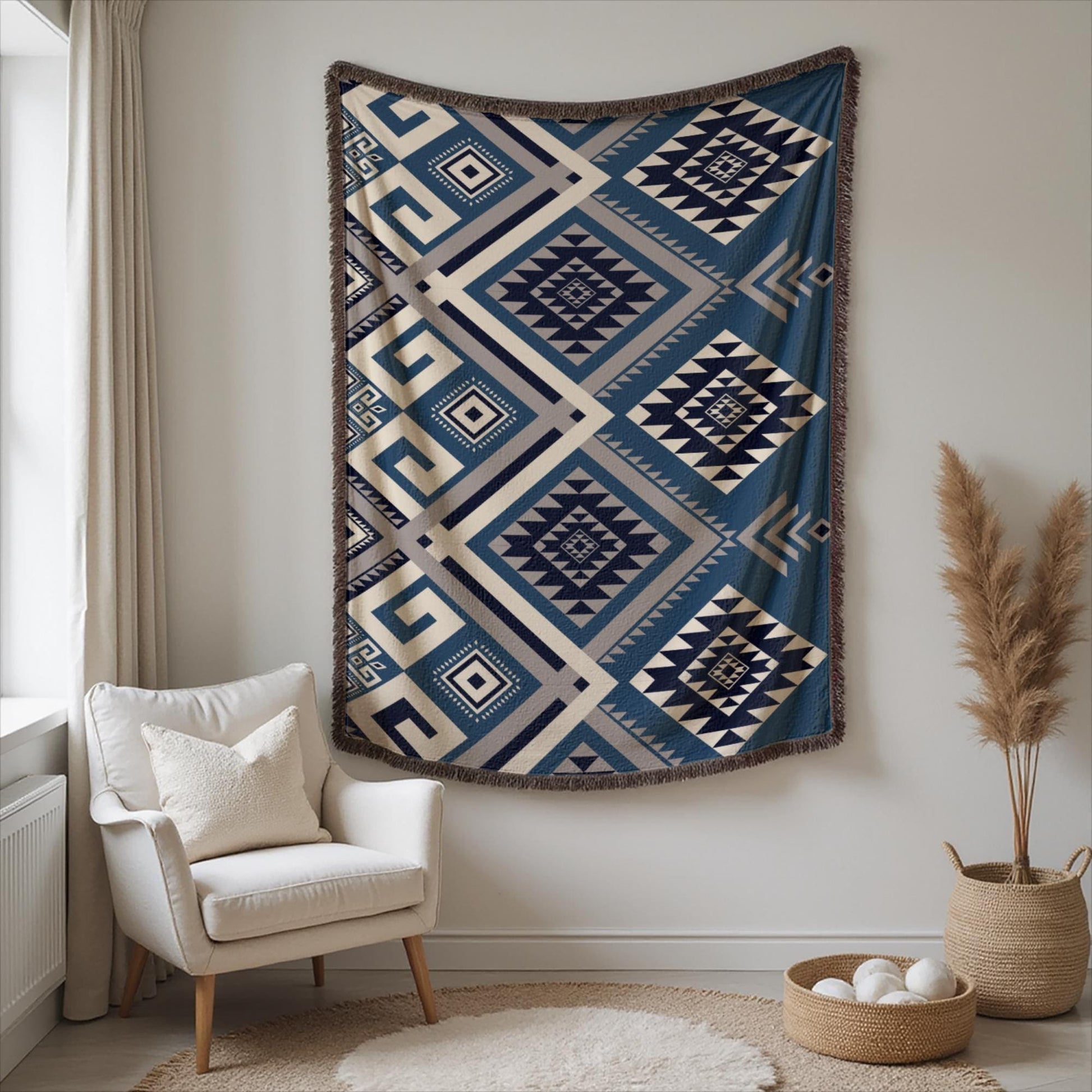 Personalized Wall Hanging - Woven Tapestry With Aztec Pattern Decor & Colorful Fringe Edge