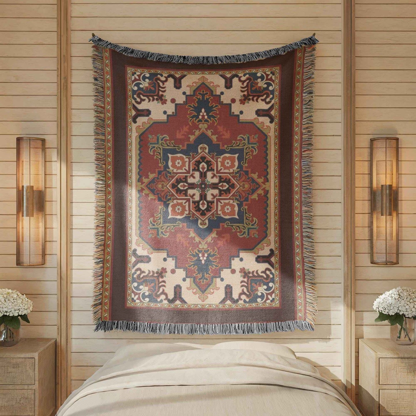 Moroccan Inspired woven wall tapestry with rug-style pattern styled as textile wall decor