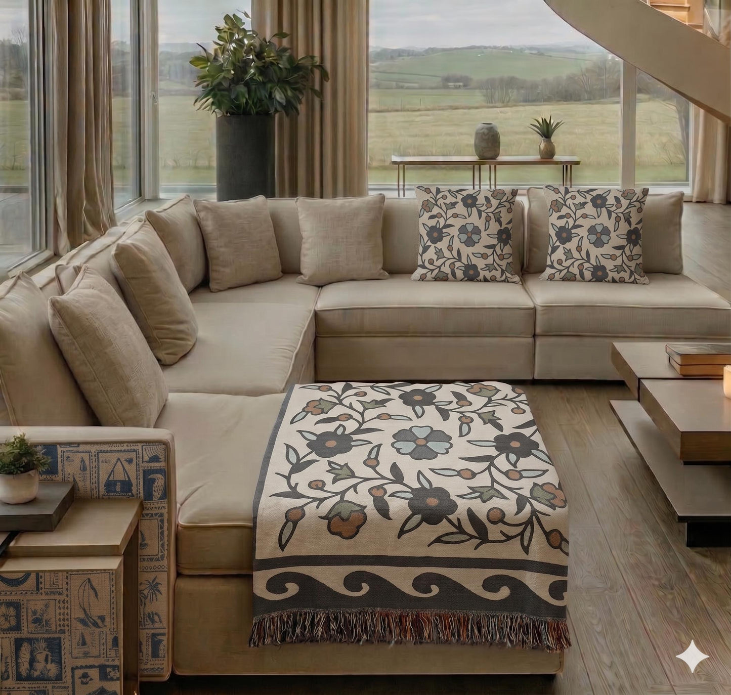 Anatolian Inspired woven blanket with rug-style pattern styled for layered home decor